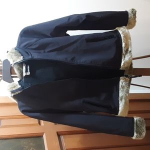 Black Marmot jacket with hood and faux fur, size M